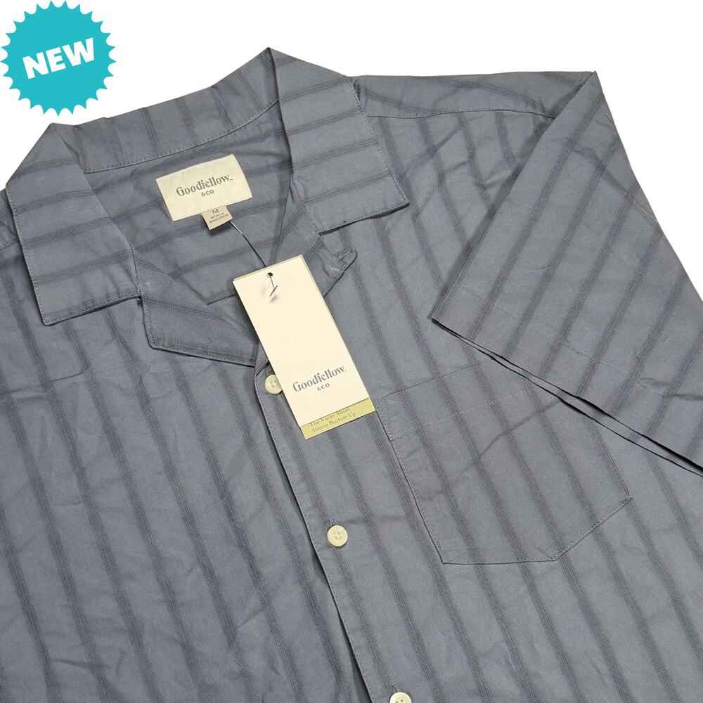 Goodfellow & Co Men's Large Button Up Dobby Camp Shirt Blue Stripes Pocket NWT